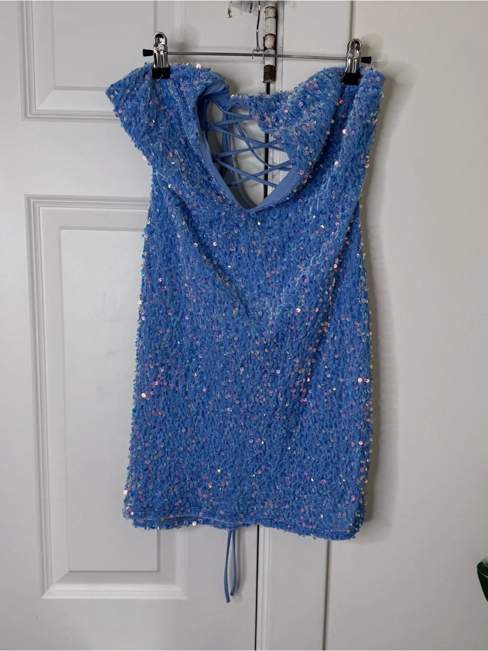 Lucy in the Sky Iridescent Light Blue Sequin Halter mini dress - Picture 9 of 11